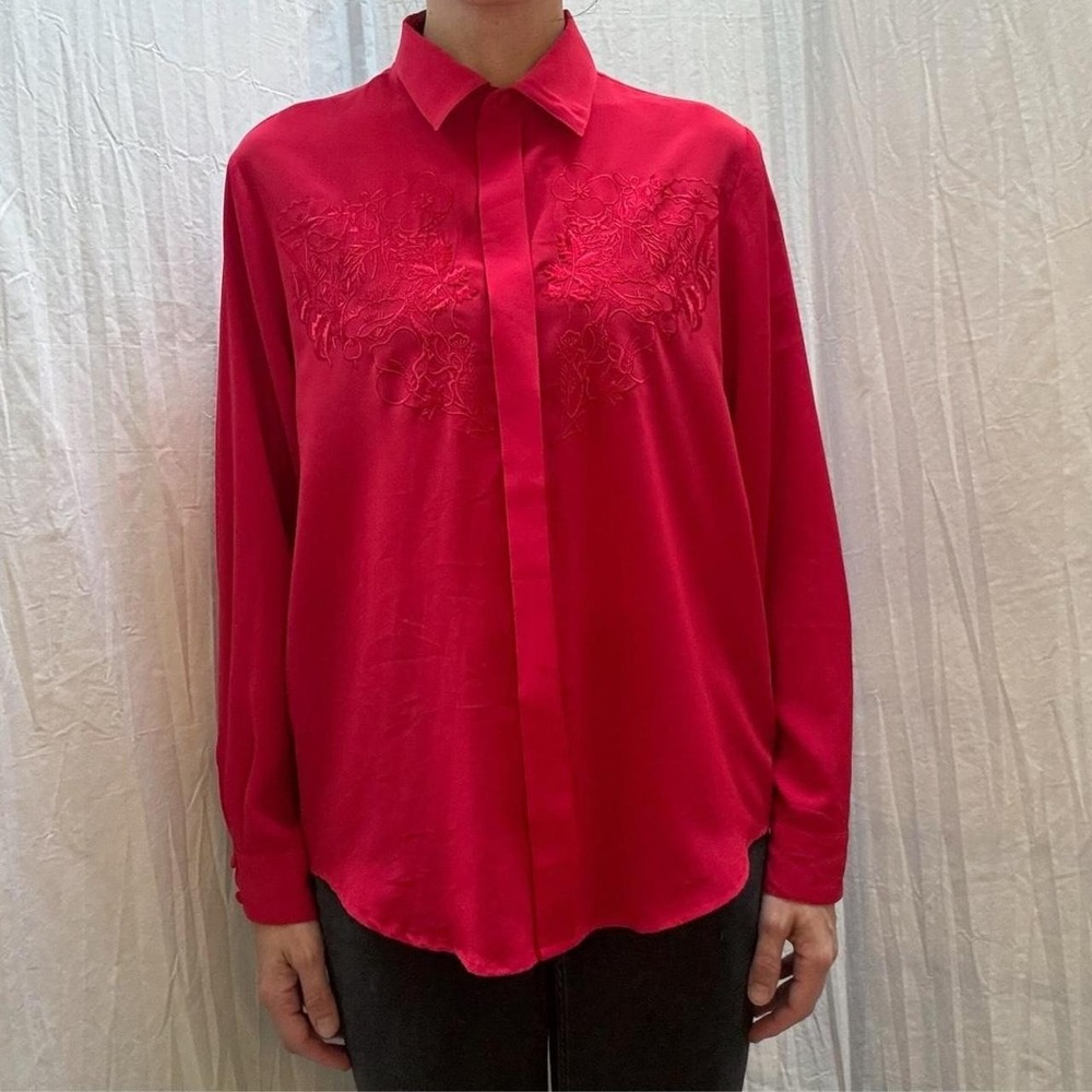 Red Embroidered Button Down Blouse Vintage 1970s Medium Chris LB 40/42 Mod retro